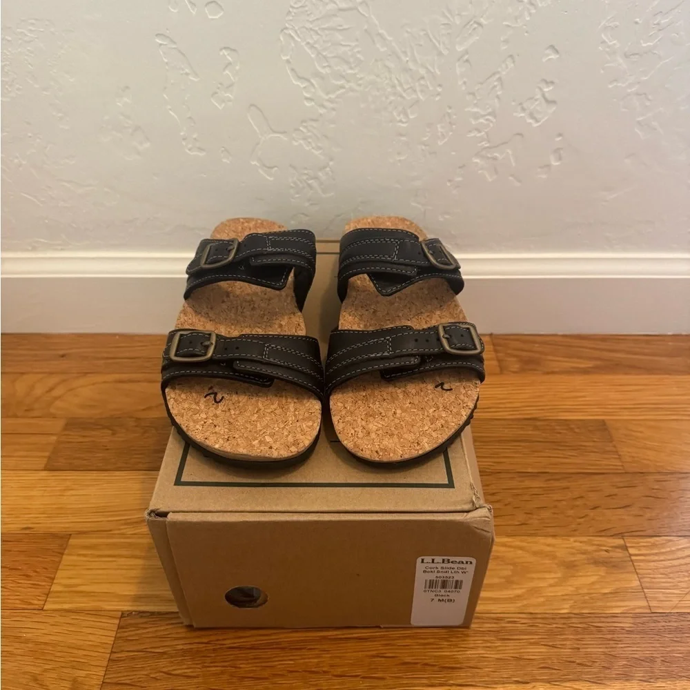 NEW L.L. BEAN Black Leather Double Buckle Straps Cork Rubber Sandals Slides Sz 7